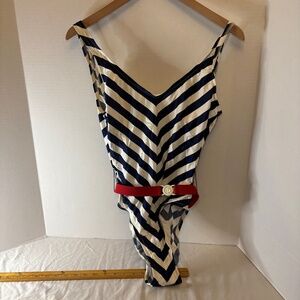Sun Bound Swimsuit 12 VTG 80s Sears Navy Red White Sailor Belted OnePiece